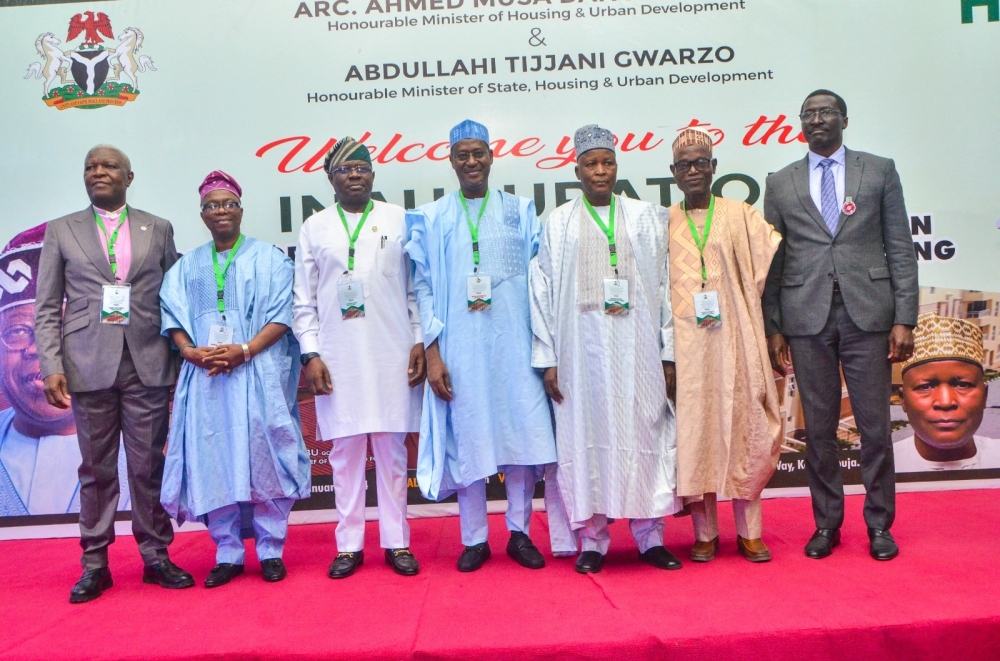 Permanent Secretary Federal Ministry of Housing and Urban Development, Dr. Marcus O. Ogunbiyi;  Minister of Housing and Urban Development. Arch. Ahmed Musa Dangiwa; Minister of State for Housing and Urban Development, Engr. Abdullahi Tijjani Gwarzo, MD/CEO Federal Housing Authority (FHA) Sen. Gbenga B. Ashafa;  Chairman Building Materials Manufacturing Hubs Task Team, Arc, Nuhu Wya