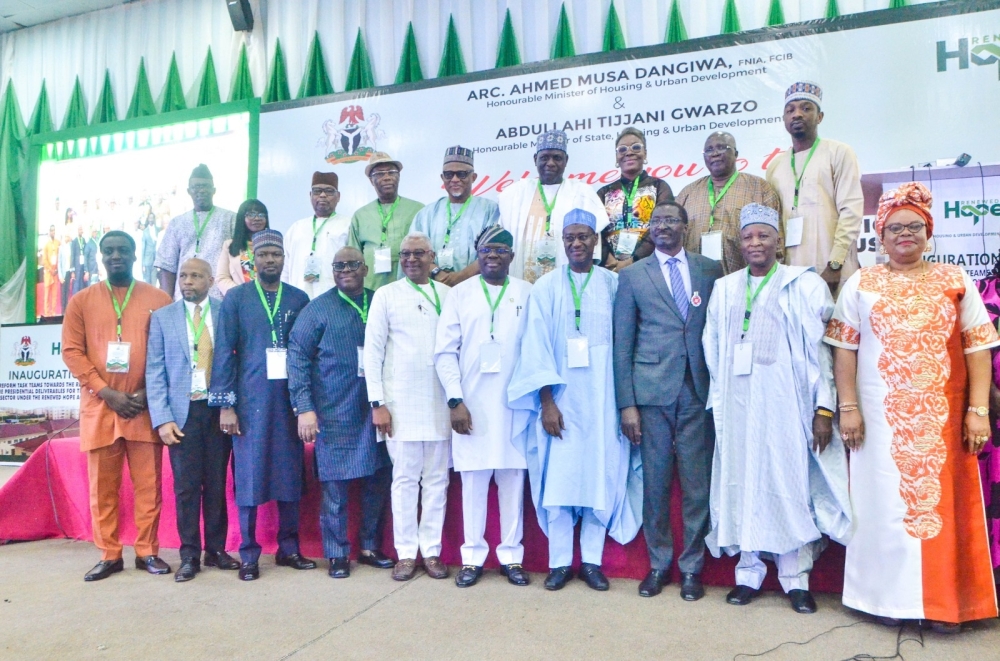 Permanent Secretary Federal Ministry of Housing and Urban Development, Dr. Marcus O. Ogunbiyi;  Minister of Housing and Urban Development. Arch. Ahmed Musa Dangiwa; Minister of State for Housing and Urban Development, Engr. Abdullahi Tijjani Gwarzo, MD/CEO Federal Housing Authority (FHA) Sen. Gbenga B. Ashafa;  Chairman Building Materials Manufacturing Hubs Task Team, Arc, Nuhu Wya