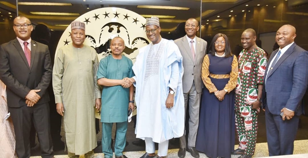 Minister of Housing and Urban Development, Arc. Ahmed Musa Dangiwa with a delegation of the Federal Mortgage Bank of Nigeria (FMBN), Nigeria Labour Congress (NLC), Trade Union Congress (TUC), and the Nigeria Employers Consultative Association (NECA) Other Building Materials Manufacturers to Tackle Rising Prices on Thursday 15th February, 2024.