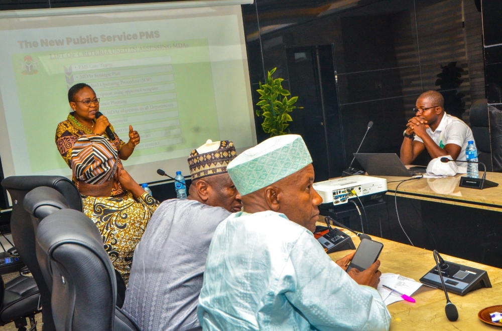 Permanent Secretary, FMHUD, Dr Marcus Ogunbiyi   at a Sensitisation Workshop on PMS for Directors and Heads of Unit,Thursday,  March 28th,2024