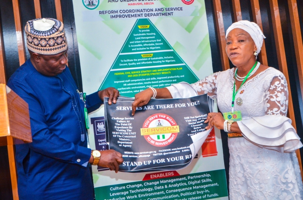 Dr Marcus Ogunbiyi, Permanent Secretary, Federal Ministry Of Housing and Urban Development, giving his opening remarks at a Sensitization/Inauguration/Induction of Ministerial Servicom Unit of the FMHUD, Thursday 28th March, 2024