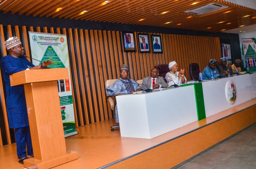 Dr Marcus Ogunbiyi, Permanent Secretary, Federal Ministry Of Housing and Urban Development, giving his opening remarks at a Sensitization/Inauguration/Induction of Ministerial Servicom Unit of the FMHUD, Thursday 28th March, 2024
