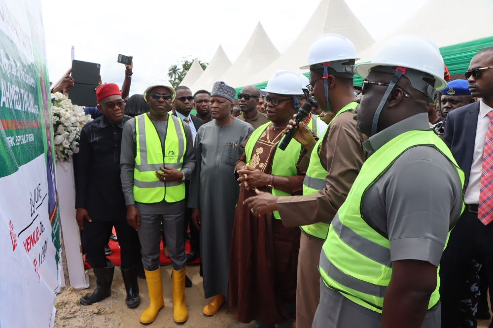 His Excellency, Rt. Hon. (Elder) Sheriff Francis Orohwedor Oborevwori, Governor, Delta State, Represented by the Deputy Governor, H.E, Sir. Monday Onyeme, FCA, Honourable Minister of Housing and Urban Development, Arc. Ahmed Musa Dangiwa FNIA and other management staff at the Official Ground Breaking ceremony of the 250 Housing Units Renewed Hope Estate, Ekpan, Uvwie LGA, Delta State on the 29th June, 2024