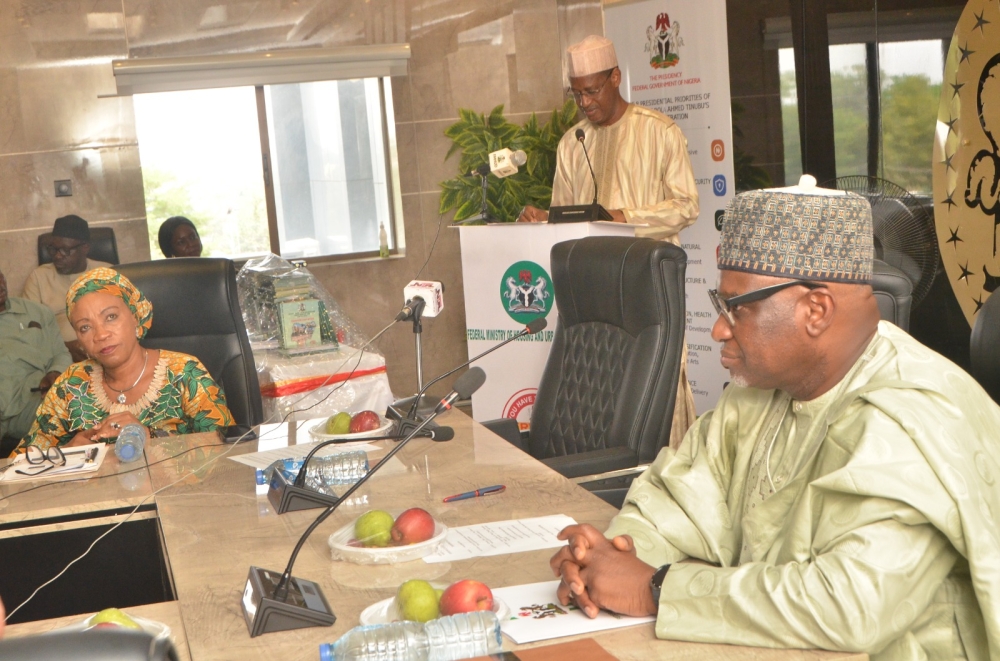 Hon Minister, Arc Ahmed Dangiwa,  Hon Minister of State, Yusuf Ata, Permanent Secretary Dr Shuaib Belgore and the SERVICOM Presidency, National Coordinator, Mrs Nnenna Akameje during the launch of the Federal Ministry of Housing and Urban Development Service Charter, Wednesday,  April 9th, 2025