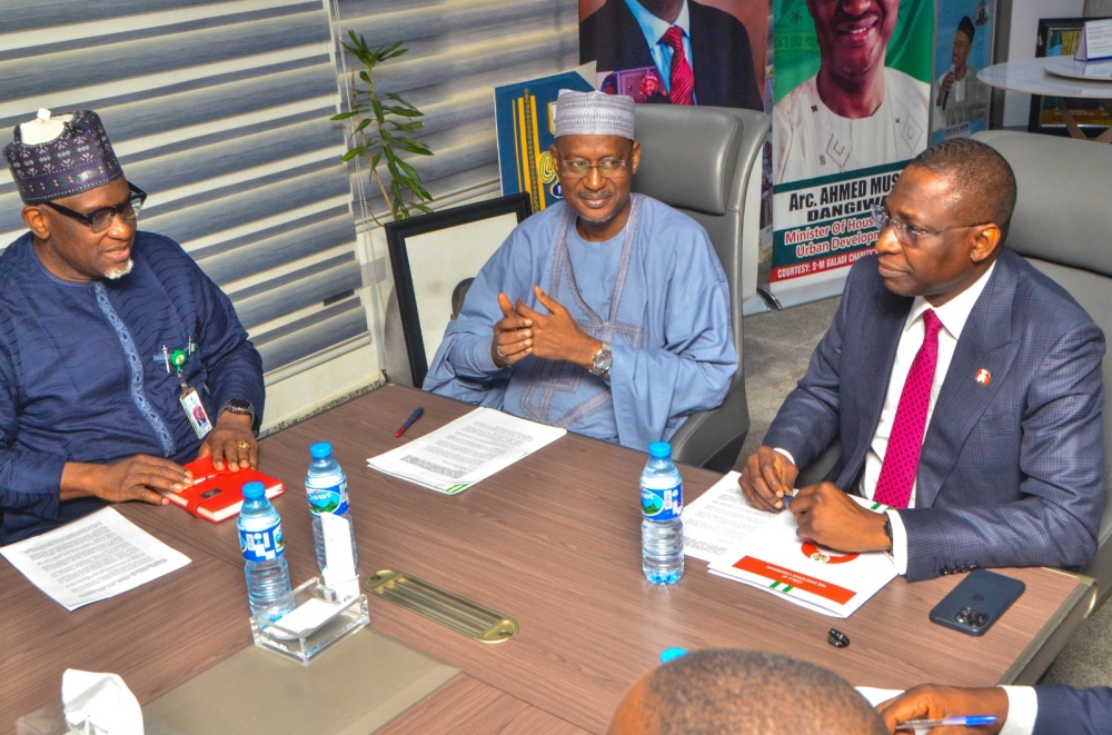 PHOTO SPEAK: (Middle)  Honourable Minister of Housing and Urban Development, Arc. Ahmed Musa Dangiwa; (Left) Permanent Secretary, Federal Ministry of Housing and Urban Development, Dr. Shuaib M.L Belgore; (Right) The Executive Chairman of Economic Financial Crime Commission, Olanipekun Olukayode; during an oversight visits to the Ministry of Housing and Urban Development. Tuesday 20th May, 2025